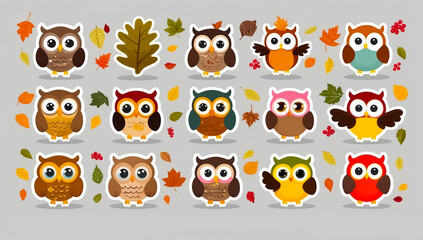 Fototapeta premium sticker set, different cute owls