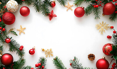 holiday flat lay background with red and gold christmas decorations suitable for designing holiday greeting cards festive invitations seasonal advertisements and christmas-themed social media content