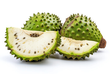 A green fruit soursop with a white center is cut in half