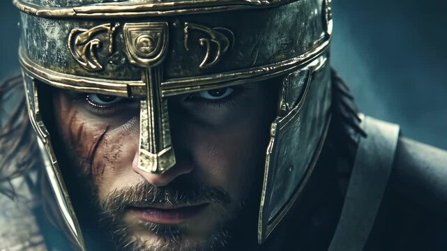 Close-up of a warrior, gladiator in a helmet
