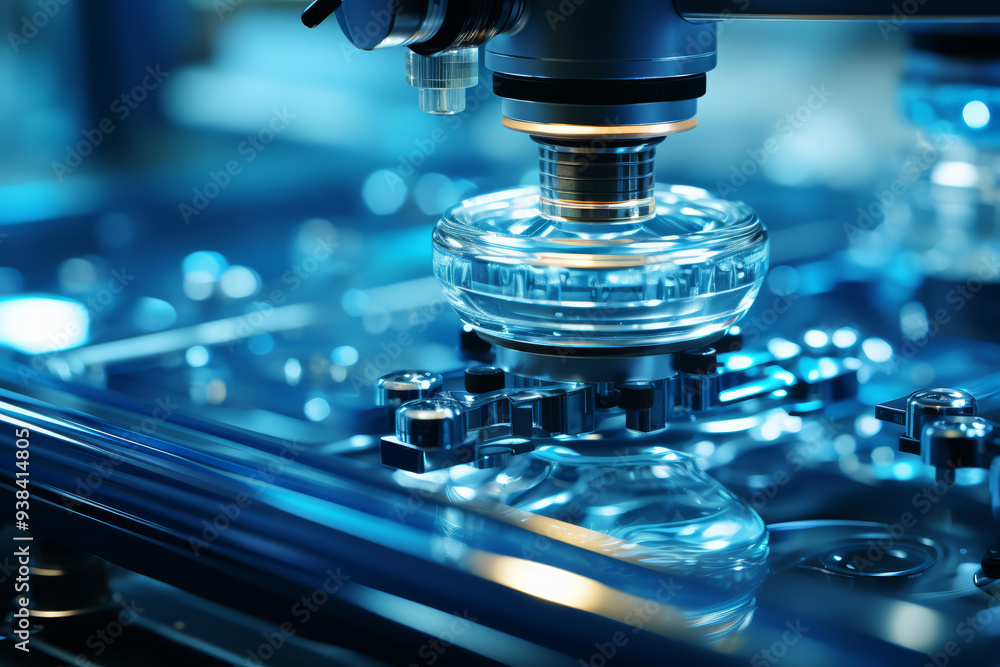 Poster a microscope focusing on a single drop of water. concept of microbiology. generative ai.