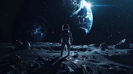 Ultra-realistic astronaut standing on moon gazing at Earth with space background, high-resolution wide-angle view, dark tones of blue and black