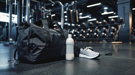 Black gym bag, water bottle, and sneakers on gym floor.