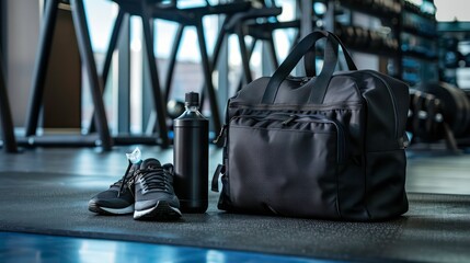 Naklejka na ściany i meble Black Gym Bag, Water Bottle and Sneakers in a Gym.