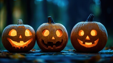 Three glowing pumpkins against the backdrop of a dark forest, illuminated from within, creating an eerie yet festive atmosphere with their flickering light