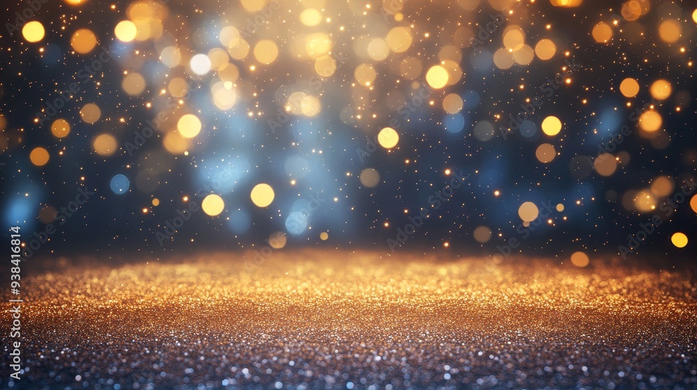 Poster A magical abstract background featuring a shimmering golden glitter surface with warm gold bokeh lights and a blue haze, symbolizing celebration, luxury, hope, and the beauty of the night.