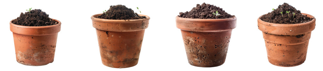 Growth journey of potted plants in terracotta containers on Transparent Background.