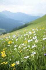 Fototapeta premium A peaceful hillside adorned with vibrant wildflowers, forming a stunning landscape that evokes a sense of calm and joy.