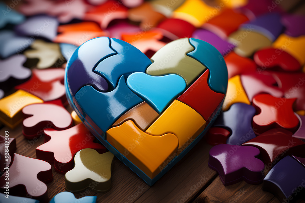 Poster a puzzle piece fitting into a heart-shaped puzzle. concept of finding one's place. generative ai.