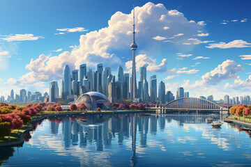 A rainbow forming over a cityscape. Concept of beauty after the storm. Generative Ai.