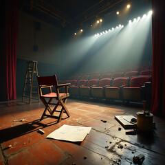 The School Auditorium Set Up for a Play Rehearsal.
