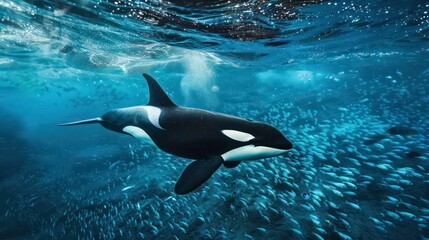 Obraz premium Killer whale swims through a school of fish.