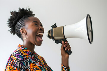 A woman uses a loud hailer to project her message with power and authority, isolated against a clean white background.