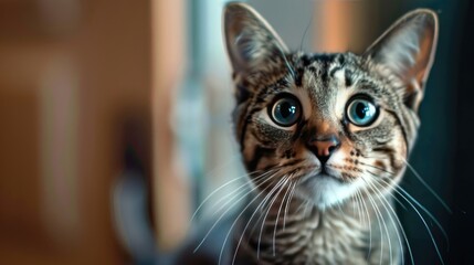 Close up portrait photo of a cute surprised tabby cat against a blurred background. 