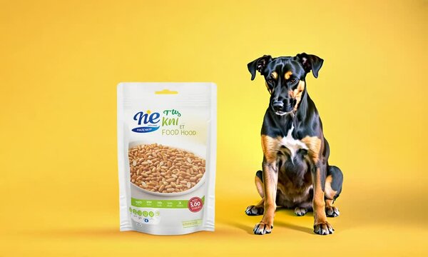 Dog Sitting Next to Clean Pet Food Package on Yellow Background
