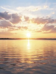 Naklejka premium Embers of a blazing sunset shimmering on calm waters, beckoning times of serene contemplation and peaceful introspection.