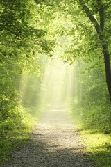 Obraz premium Glimmers of sunlight filtering through the trees, revealing a journey of strength and renewal along the forest floor.