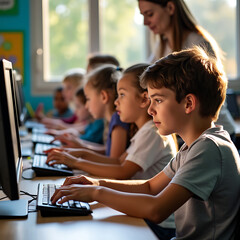 Children Learning to Type in a Computer Class.