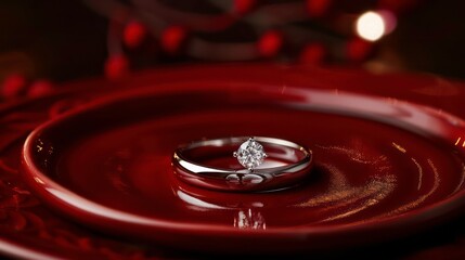 A diamond engagement ring sits on a dark brown chocolate surface.