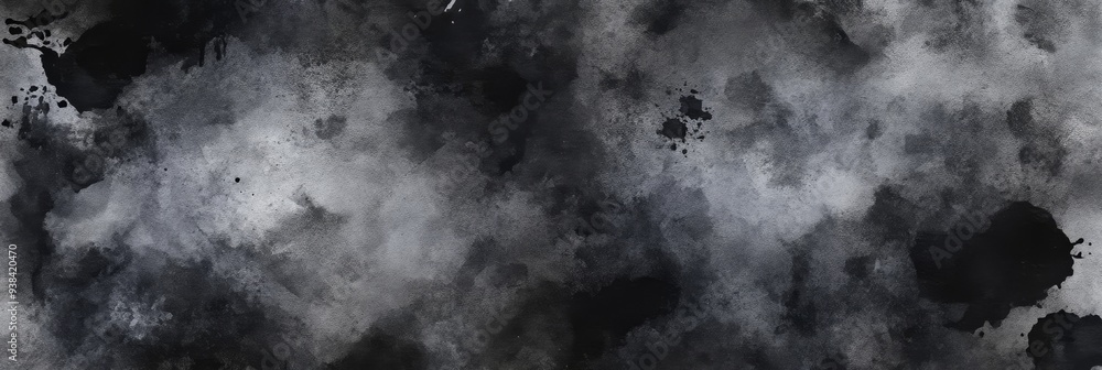 Poster A seamless black watercolor background texture with abstract splatters and washes, symbolizing depth, mystery, chaos, and creativity. Perfect for design projects, art prints, and digital backgrounds.