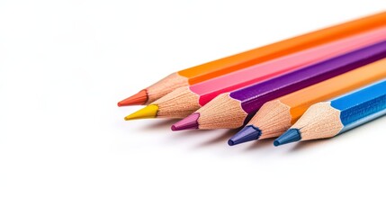 Fototapeta premium Colored pencils arranged in a neat diagonal row on a clean white background.