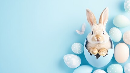 Obraz premium Bunny peeking out of a cracked blue Easter egg surrounded by pastel eggs on a light blue background. Cute and whimsical spring design.