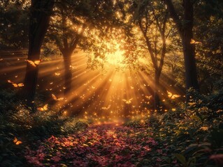 Obraz premium Ethereal Morning Light in Enchanted Forest with Butterflies and Flowers