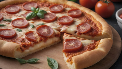 pepperoni and cheese pizza on a wooden board