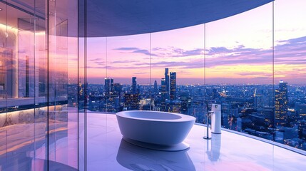 Luxurious product display with a softly illuminated skyline at twilight, evoking sophistication and exclusivity, with ample space for branding.