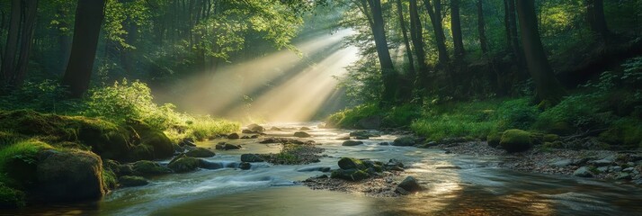 A serene image of a sunlit river flowing through a lush forest, symbolizing peace, tranquility, natural beauty, and the power of nature. The sun's rays illuminate the water, creating a magical ambianc