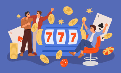 Happy people play slot machines. Guys having fun in Las Vegas at bachelor party. Gambling winnings. Fortune and luck. Lottery jackpot. Gold coins and poker cards. Garish vector concept