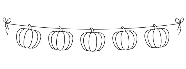 pumpkins hanging on a string, fall season banner decoration element, seasonal festive garland, black line, vector illustration