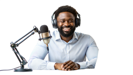 Smiling podcaster in headphones with professional microphone, recording a podcast or broadcast, casual attire, isolated, transparent PNG file