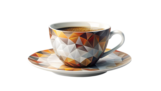 Geometric patterned coffee cup with saucer, colorful polygonal design, modern style tableware, isolated, transparent PNG file