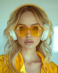 Portrait of a Russian woman, wearing high-end yellow fashion sunglasses, clear frames and white tint lenses, her hair is blonde, wearing futuristic headphones