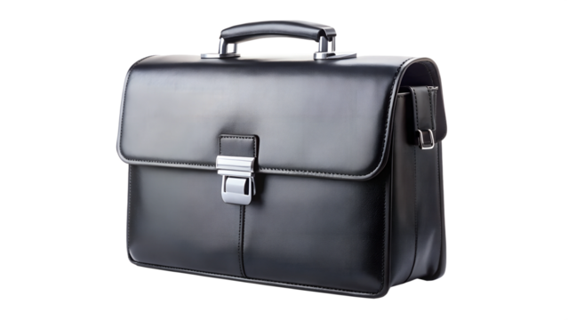 Black leather business briefcase with silver clasp, angled side view, transparent PNG file