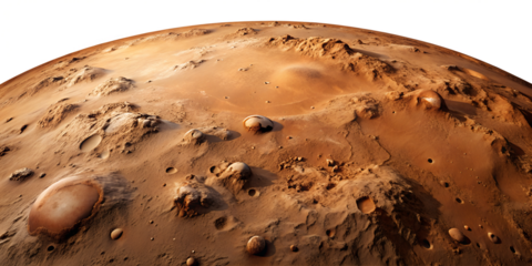 Martian landscape with craters and rocky terrain, planetary surface, Mars exploration, space science, detailed texture, transparent PNG file