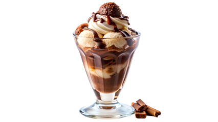Chocolate and vanilla ice cream sundae in glass, dessert topping, indulgent sweet treat, transparent PNG file