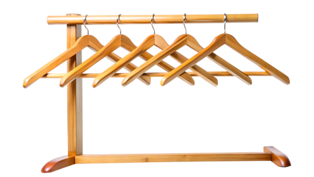 Wooden coat rack with multiple hangers, home organization, clothes storage, minimalist design, transparent PNG file