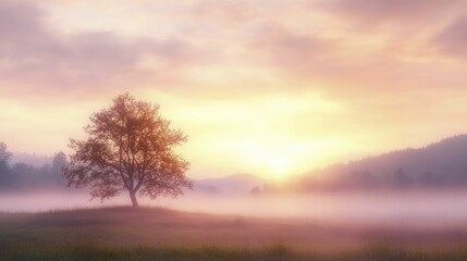 Obraz premium The soft glow of dawn breaking over a misty landscape, awakening the world in gentle hues