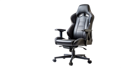 Black ergonomic gaming chair with adjustable armrests, transparent PNG file