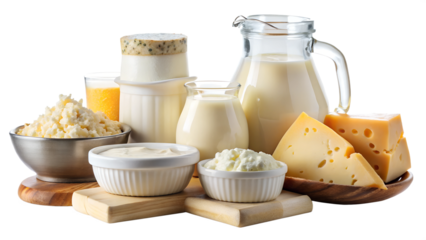 Assorted dairy products including cheese, milk, and yogurt, transparent PNG file