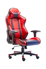 Red and black gaming chair with padded seat and backrest, transparent PNG file