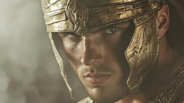 Portrait of a gladiator in a copper helmet