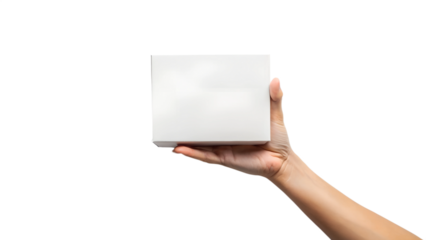 Person's hand holding plain white box suitable for branding, packaging mockup for various products or gifts, transparent PNG file