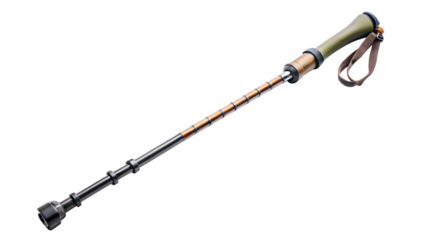 Collapsible trekking pole with adjustable length and wrist strap, essential gear for hiking and mountaineering, transparent PNG file
