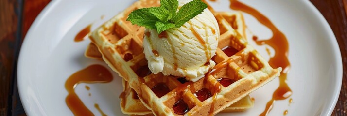 Ice cream accompanied by waffles, topped with caramel syrup and adorned with fresh mint, presented on a white plate.