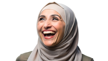 Joyful woman in light grey hijab smiling broadly, showing happiness and positive emotion, close-up portrait, transparent PNG file
