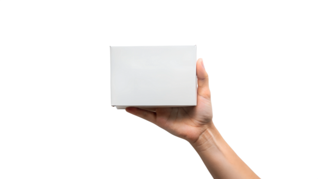 Hand holding blank white cardboard box for product packaging, mockup for branding or design presentation, transparent PNG file