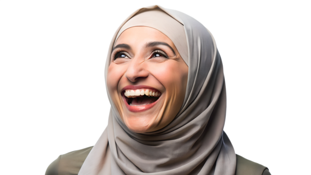 Joyful woman in light grey hijab smiling broadly, showing happiness and positive emotion, close-up portrait, transparent PNG file